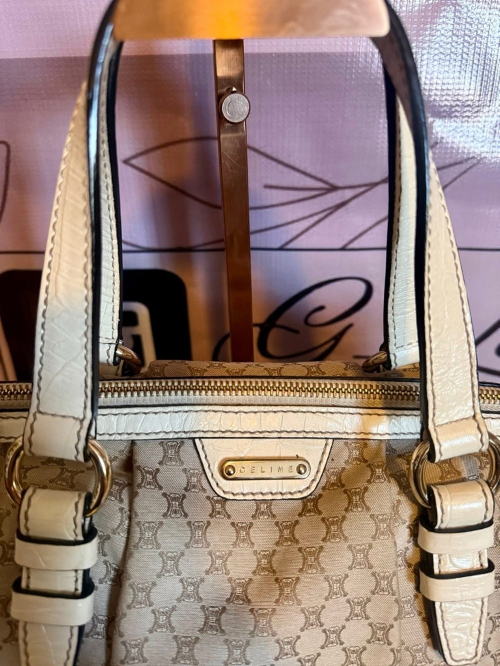 Celine Beige Monogram Tote with Metallic Cream Trim - Picture 5 of 5